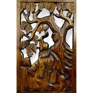 Wood Carving Panel "Elephant In The Trees" Wall Hanging  17.5" x11.5"
